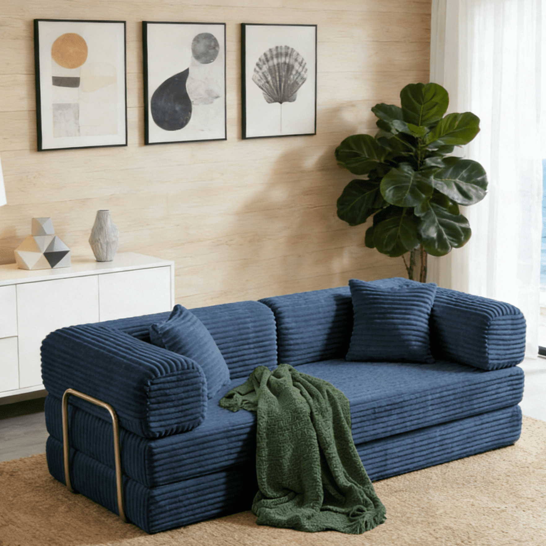 Gewnee Blue 2-in-1 Convertible Corduroy Sofa Bed with High-Density Sponge No Assembly for Apartment Dorm Office