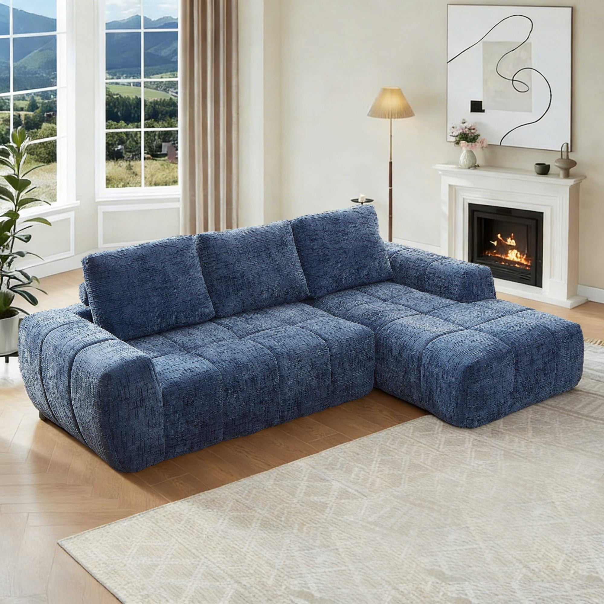 Gewnee Blue L-Shaped Sectional Sofa, High-Quality Chenille Fabric with High-Density Sponge, for Living Room