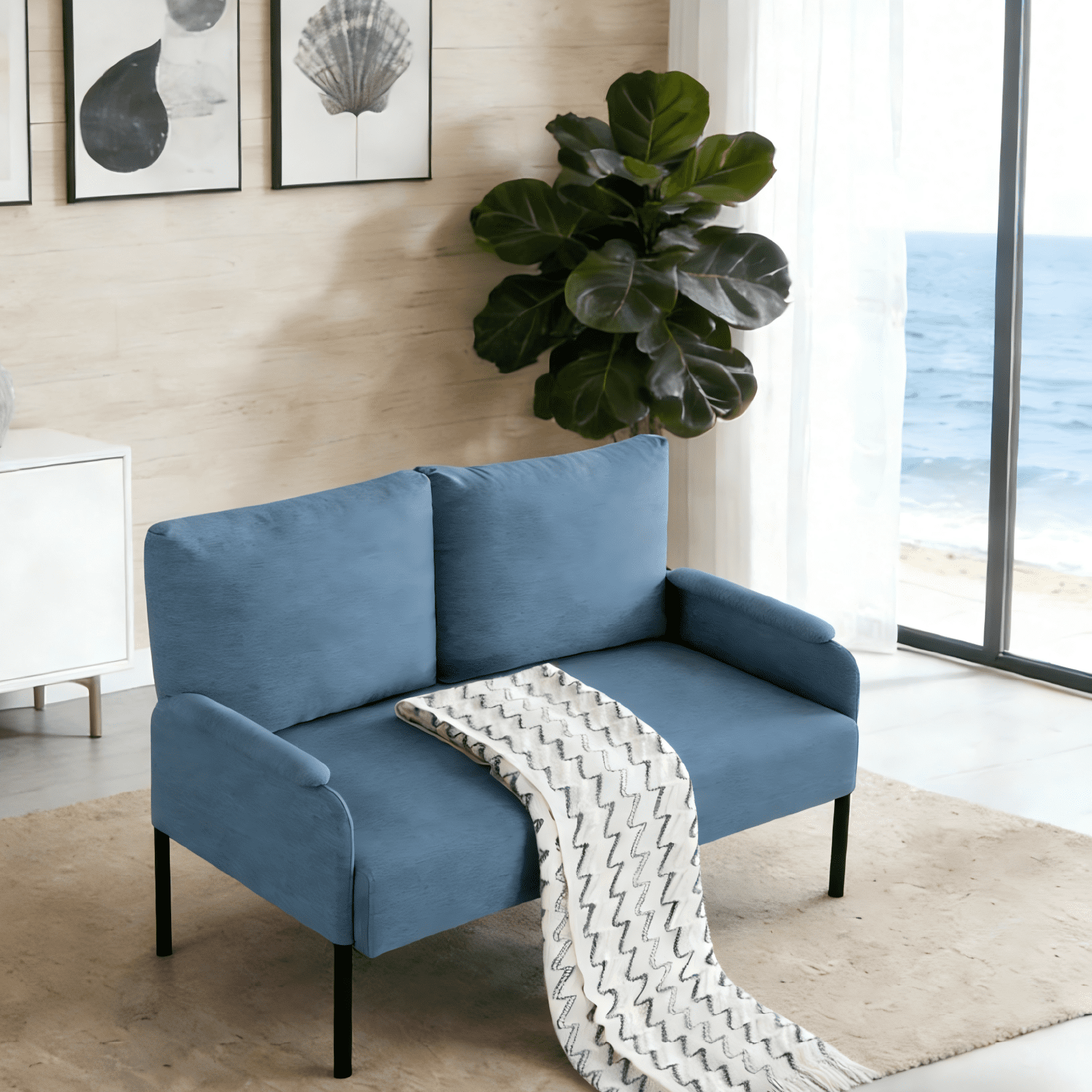 Gewnee Blue Linen Blend 45.7” Metal Frame Loveseat, Small Space 2-Seat Sofa with Removable Cushion