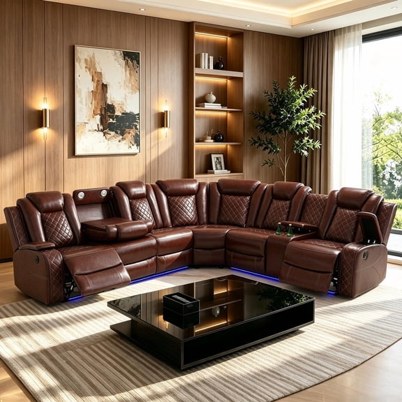 Gewnee Air Leather Power Recliner Sectional Sofa with Cup Holder, Oversize Sofa Couch for Living Room Home Office Theater