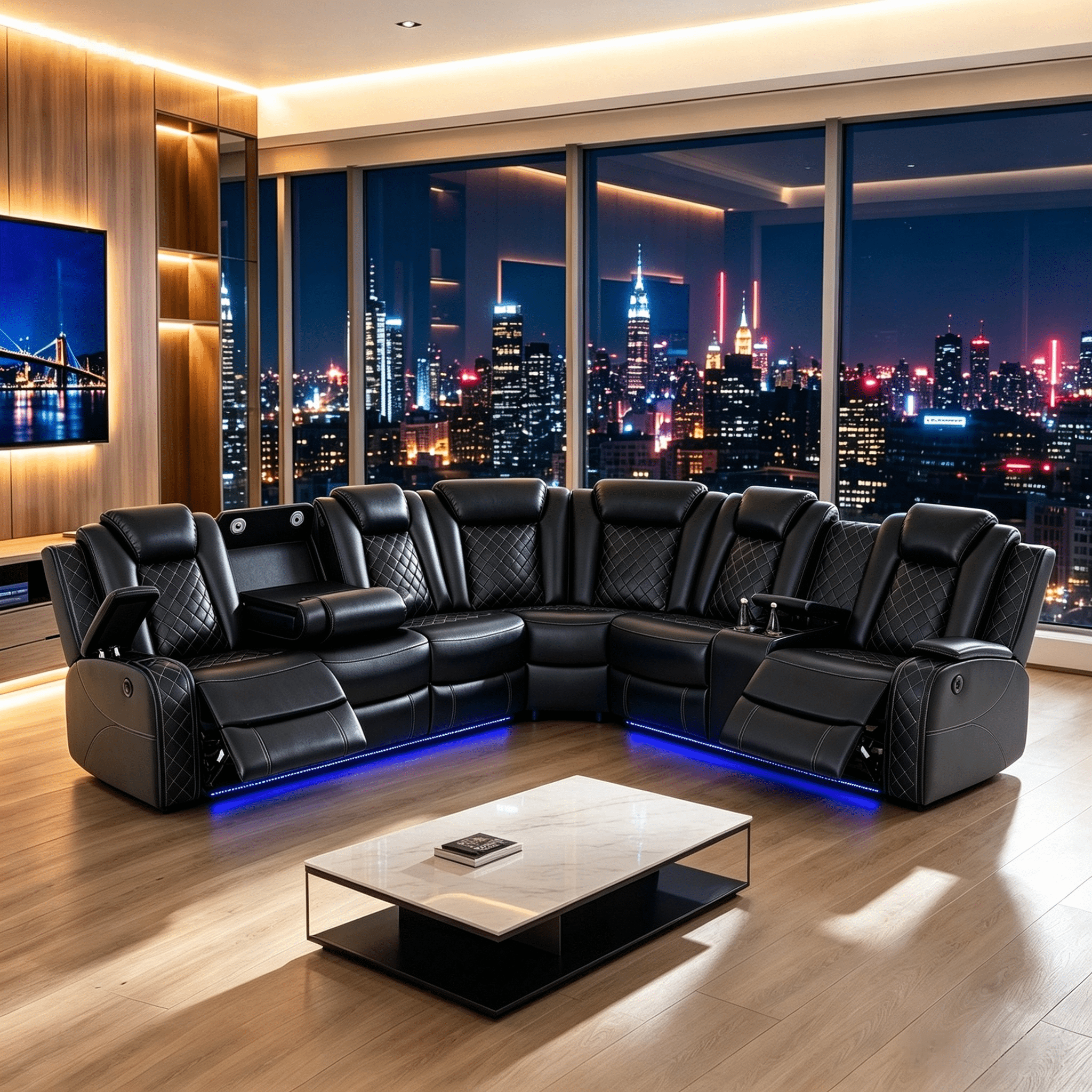 Gewnee Air Leather Power Recliner Sectional Sofa with Cup Holder,Oversize Sofa Couch for Living Room Home Office Theater