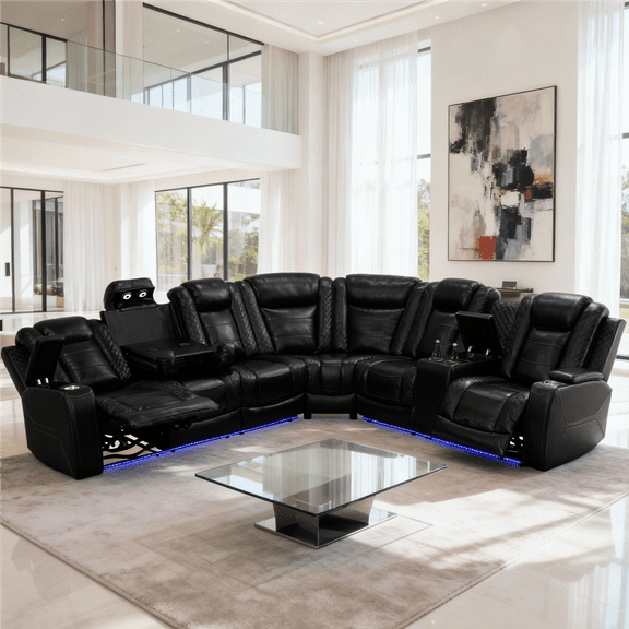 Gewnee Air Leather Power Recliner Sectional Sofa with Cup Holder, Oversize Sofa Couch for Living Room Home Office Theater