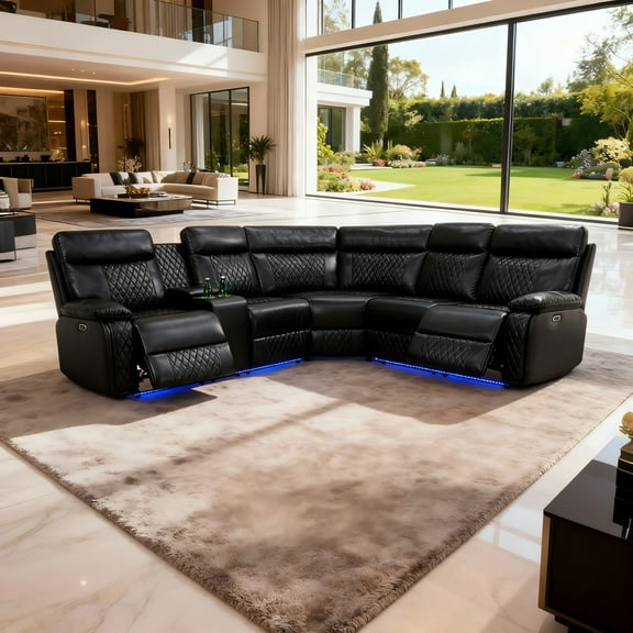 Gewnee Air Leather Power Recliner Sectional Sofa with Cup Holder, Oversize Sofa Couch for Living Room Home Office Theater