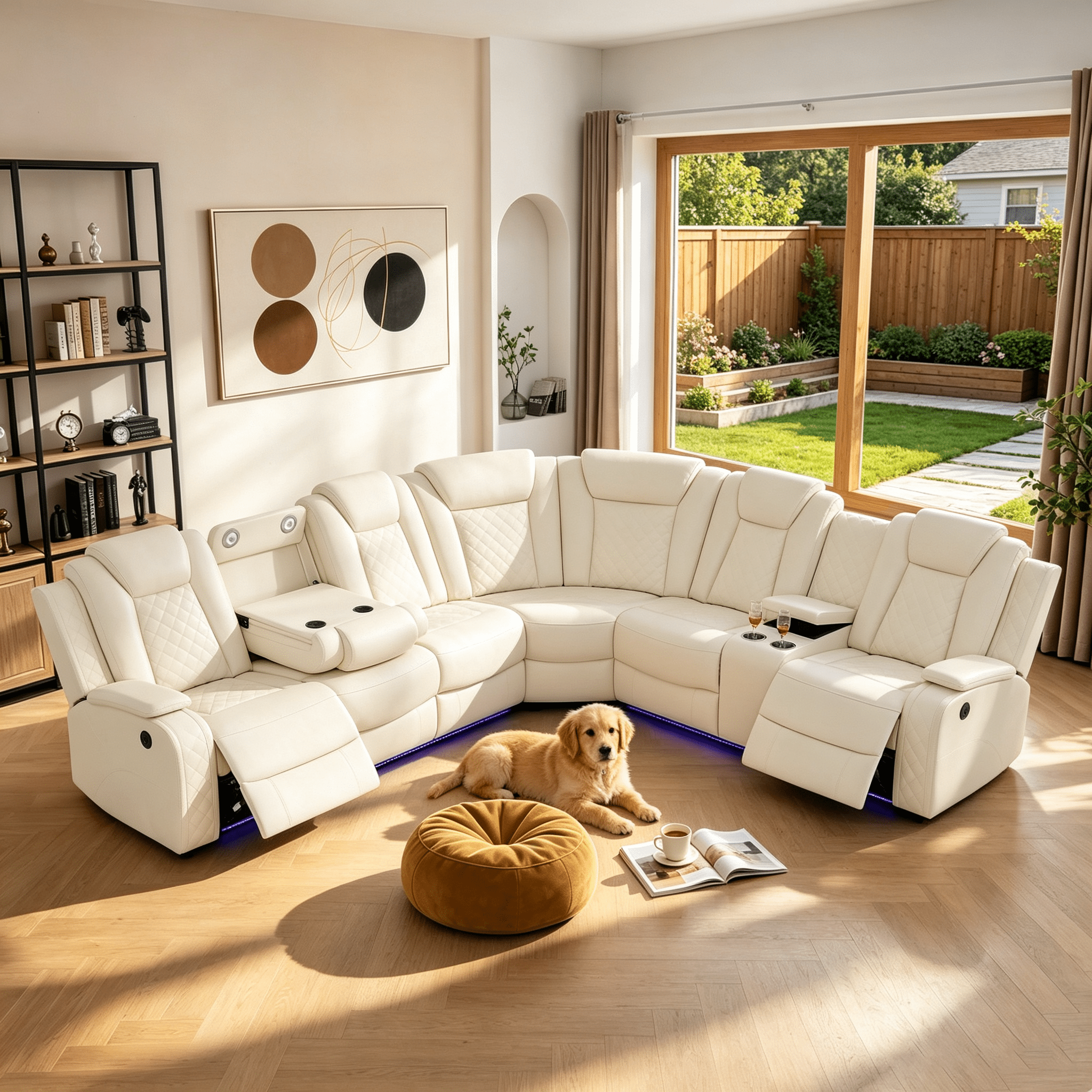 Gewnee Air Leather Power Recliner Sectional Sofa with Cup Holder, Oversize Sofa Couch for Living Room Home Office Theater