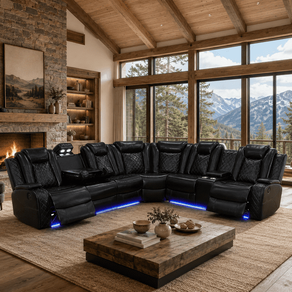 Gewnee Air Leather Power Recliner Sectional Sofa with Cup Holder, Oversize Sofa Couch for Living Room Home Office Theater