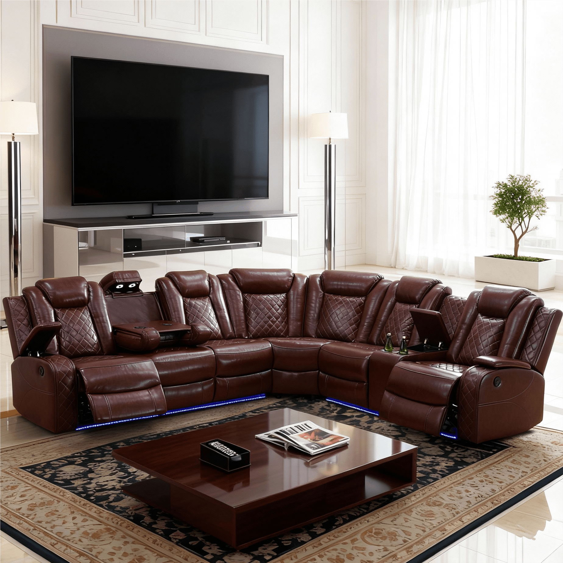 Gewnee Air Leather Power Recliner Sectional Sofa with Cup Holder, Oversize Sofa Couch for Living Room Home Office Theater