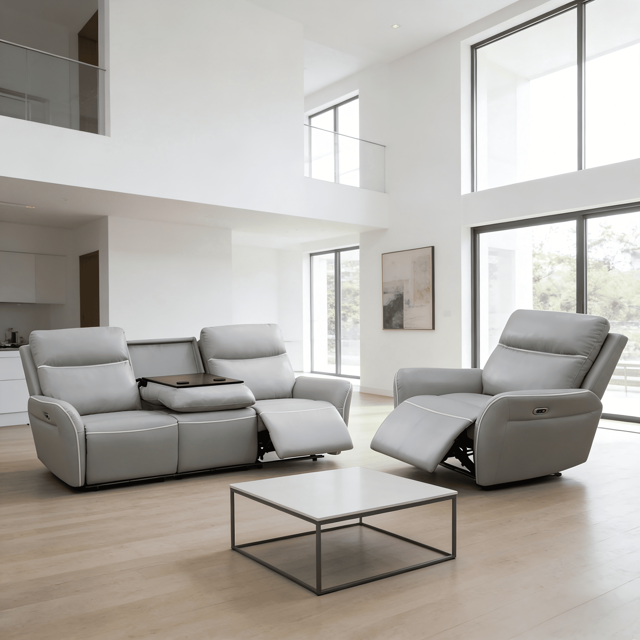 Gewnee Air Leather Recliner Sofa Set Power Reclining Sofa with 1 Chair 2 Piece Reclining Living Room Set for Home Theater
