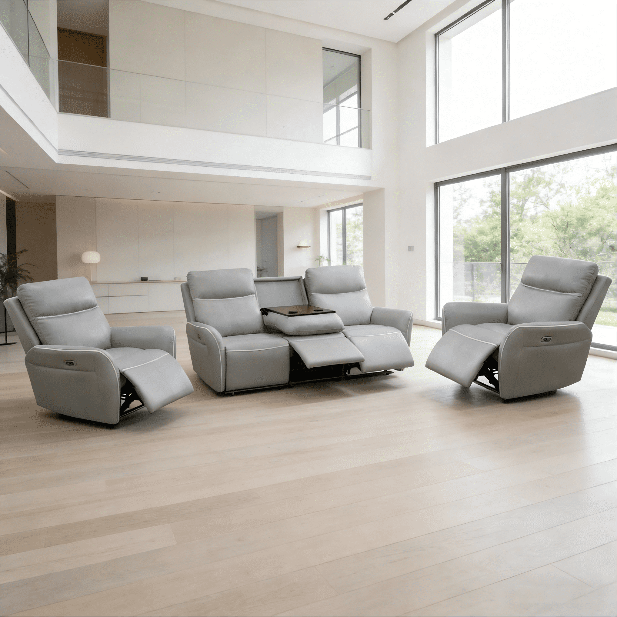 Gewnee Air Leather Recliner Sofa Set Power Reclining Sofa with Two Chair 3 Piece Reclining Living Room Set for Home Theater