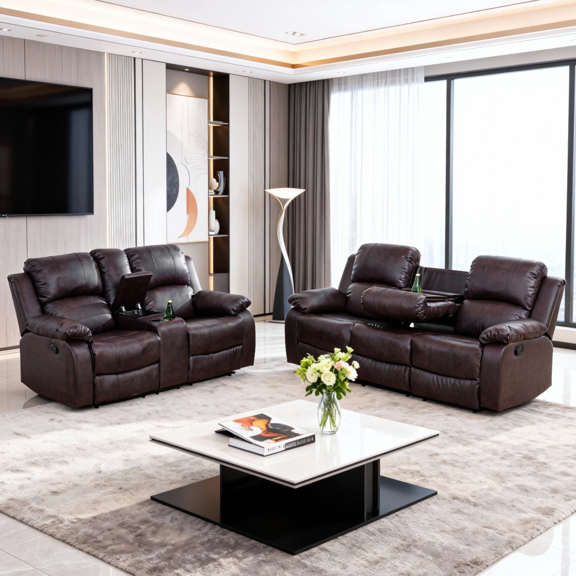 Gewnee Brown 2-Piece Living Room Air Leather Recliner Sofa Set with Console & Cup Holders