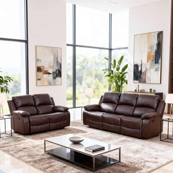 Gewnee Brown 2-Piece Living Room Recliner Sofa Set,Air Leather Upholstery