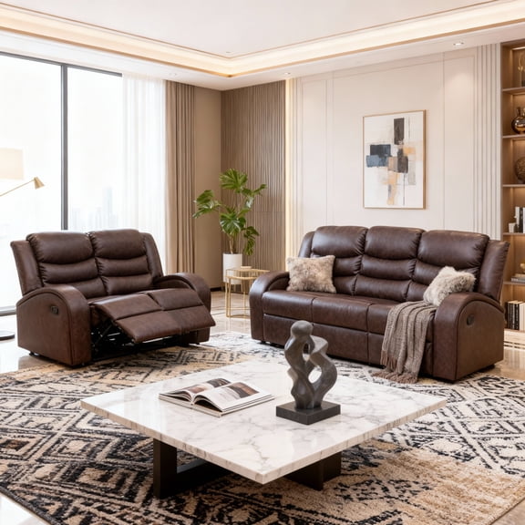 Gewnee Brown 2-Piece Living Room Recliner Sofa Set with Air Leather & Solid Wood Frame, Double-Layer Springs, Suitable for Living Room