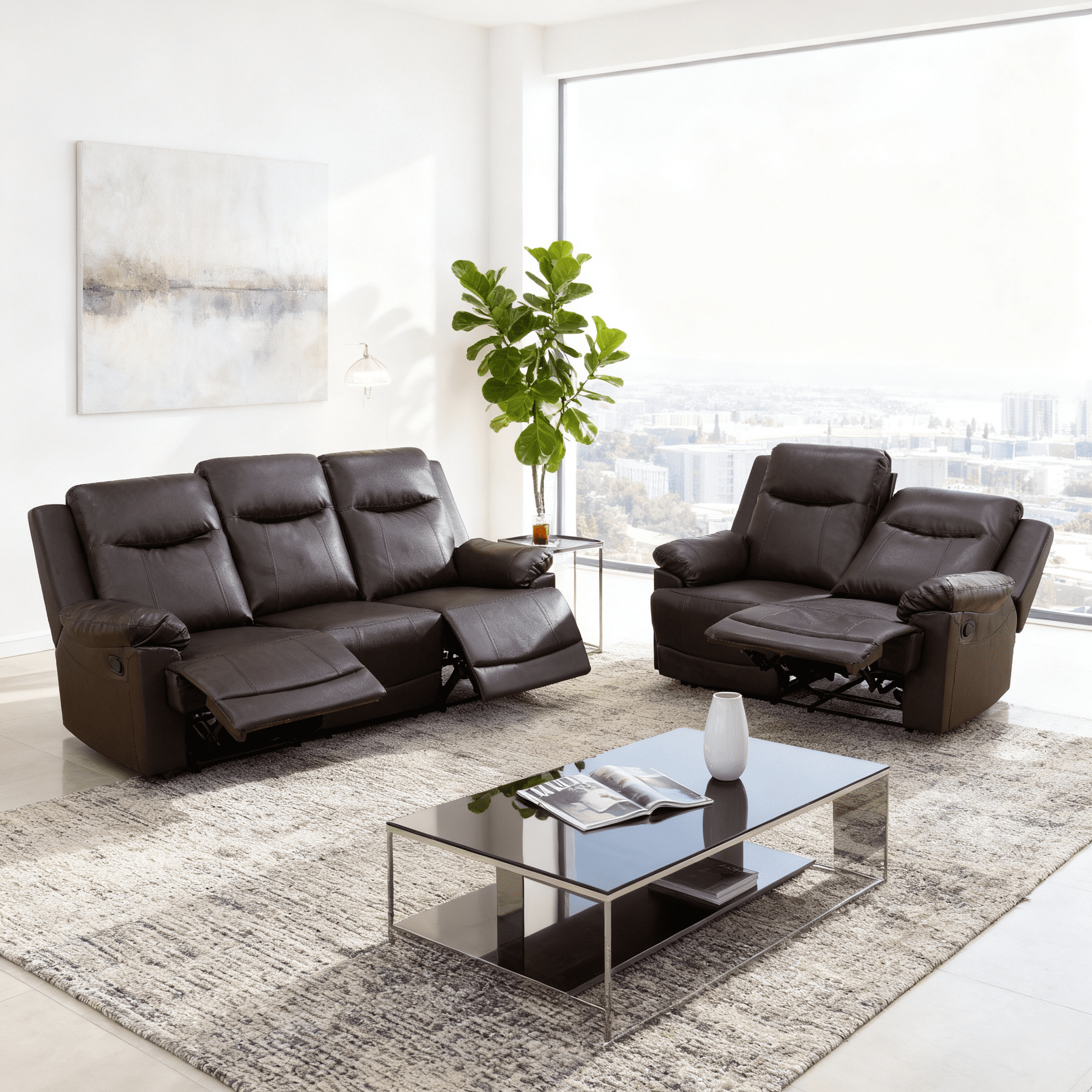 Gewnee Brown 2-Piece Multi-Functional Smart Sofa, Solid Wood Frame with Double-Layer Springs & Air Leather, Ergonomic Reclining for Living Room & Bedroom