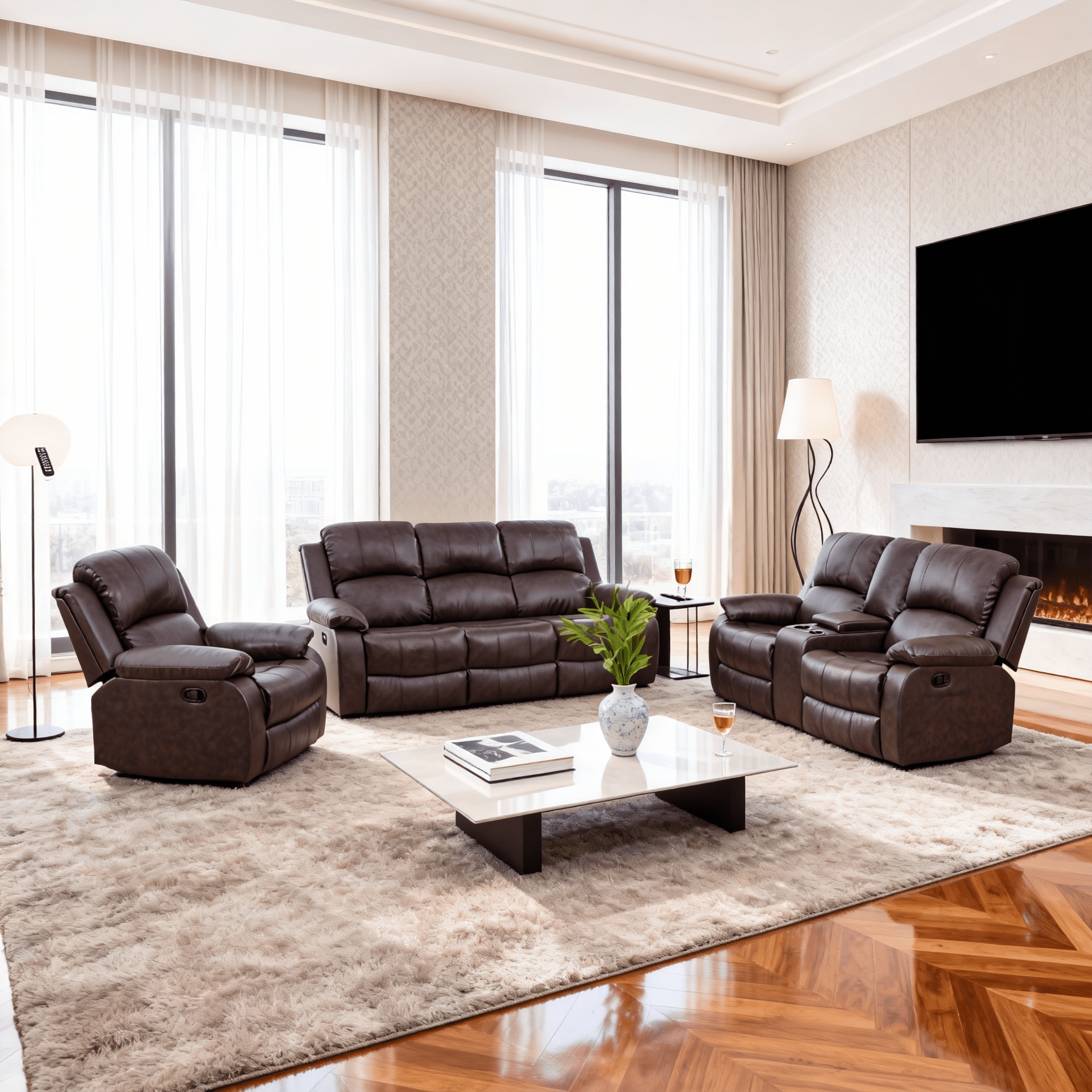 Gewnee Brown 3-Piece Living Room Air Leather Recliner Sofa Set with Console & Cup Holders