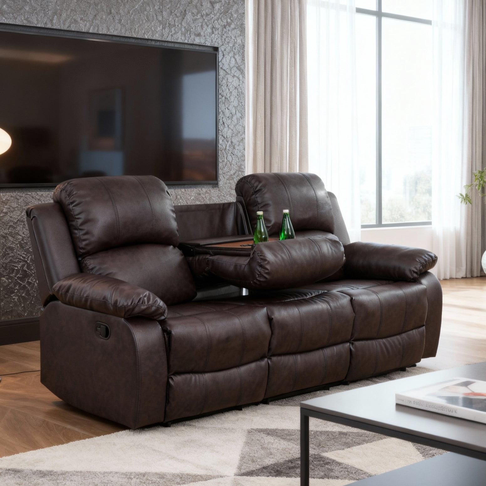 Gewnee Brown 3-Seater Reclining Sofa - Air Leather, High-Elastic Sponge, Console & Cup Holders for Living Rooms