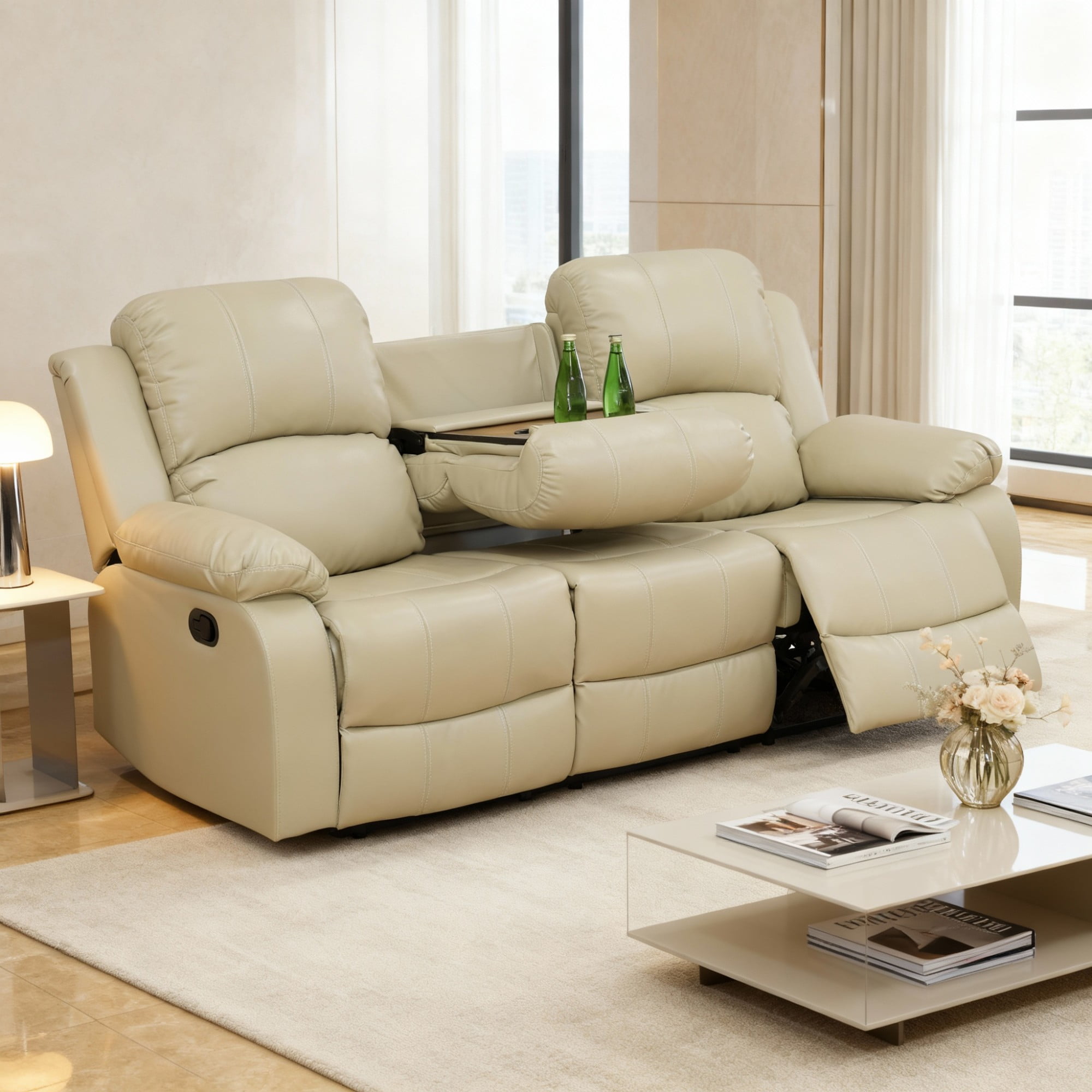 Gewnee Beige 3-Seater Sofa with Console & Cup Holders, Air Leather & High-Elastic Sponge, Adjustable Recline, Perfect for Living Rooms