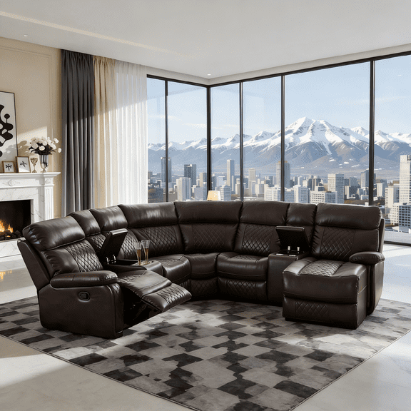 Gewnee Brown 5-Seat Right Hand Facing Manual Recliner Corner Sectional Sofa Air Leather Pillow Top Arms With Console Storage For Living Room