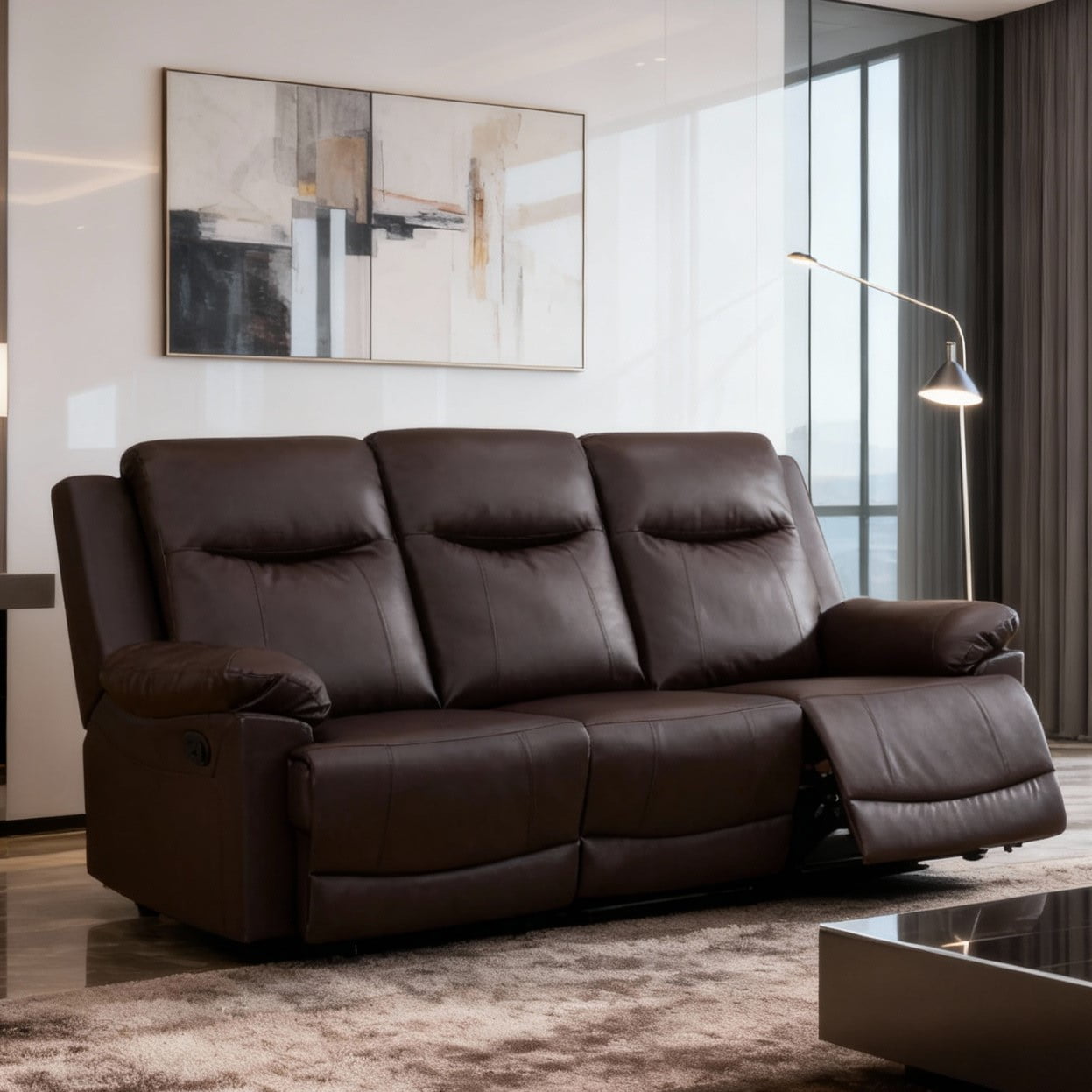 Gewnee Brown 3-Seater Sofa, Air Leather & High-Elastic Sponge, Adjustable Recline, Perfect for Living Rooms