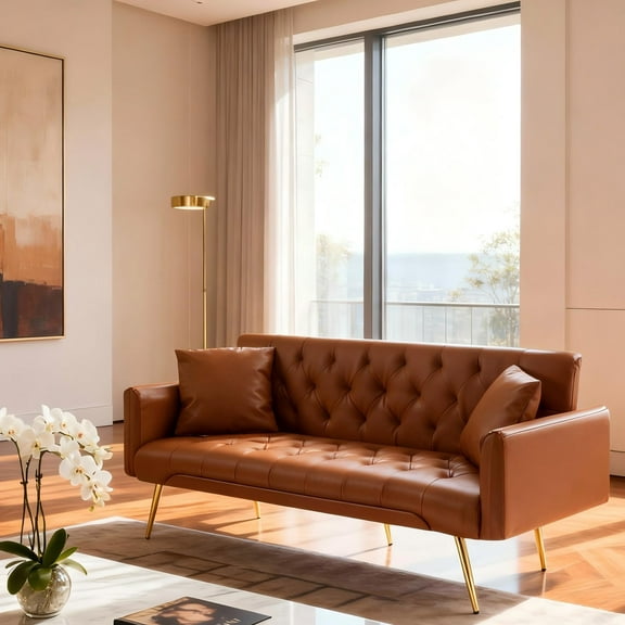 Gewnee Brown 68.31" Futon Sofa Bed, PU Upholstery, Eucalyptus Frame, Golden Legs, for Home Office Guest Room