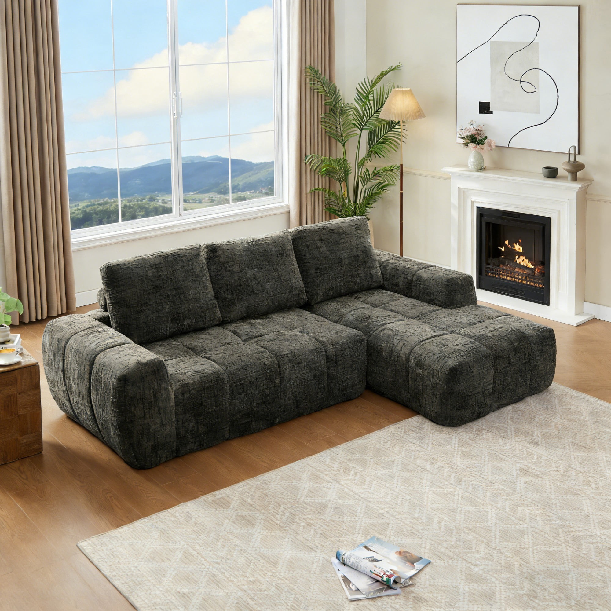 Gewnee Brown L-Shaped Sectional Sofa, High-Quality Chenille Fabric with High-Density Sponge, for Living Room
