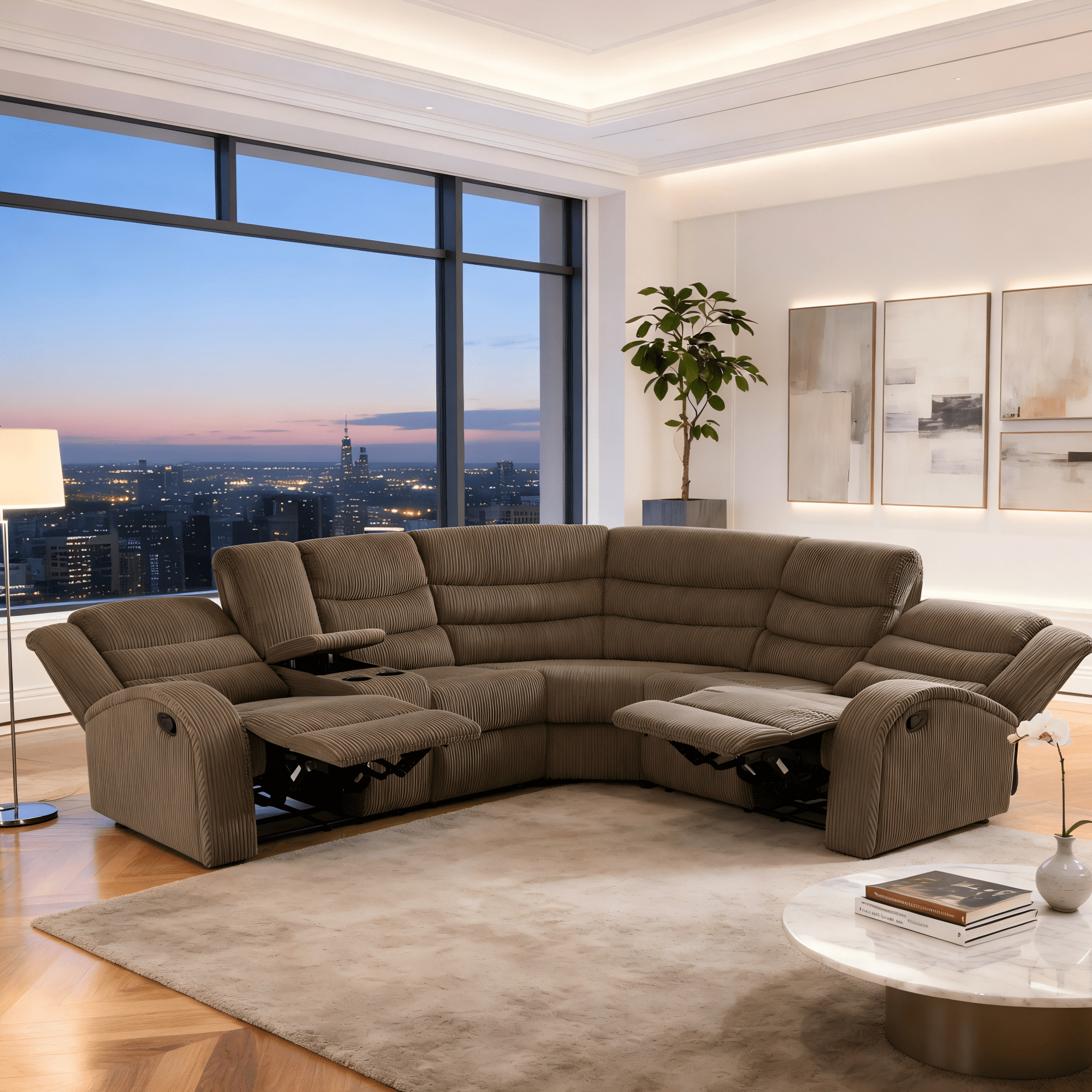 Gewnee Brown Striped Fabric Manual Recliner Sectional Sofa, Angle Adjustable with Cup Holder, Oversize Couch for Living Room Home Office Theater