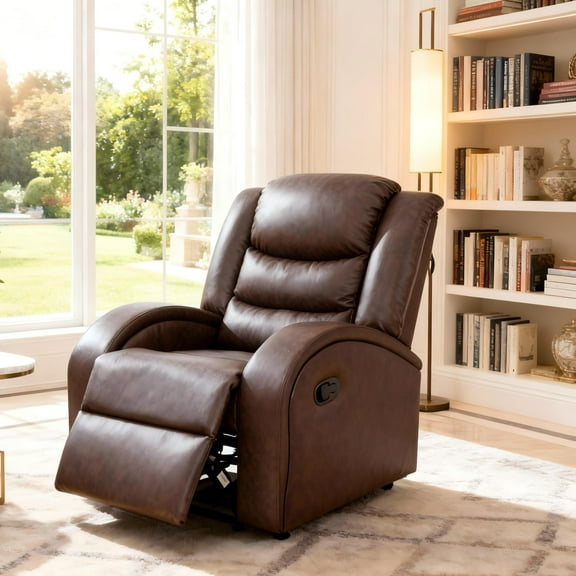 Gewnee Brown Manual Recliner Chair – Air Leather Single Sofa with Plush Comfort, Perfect for Living Rooms