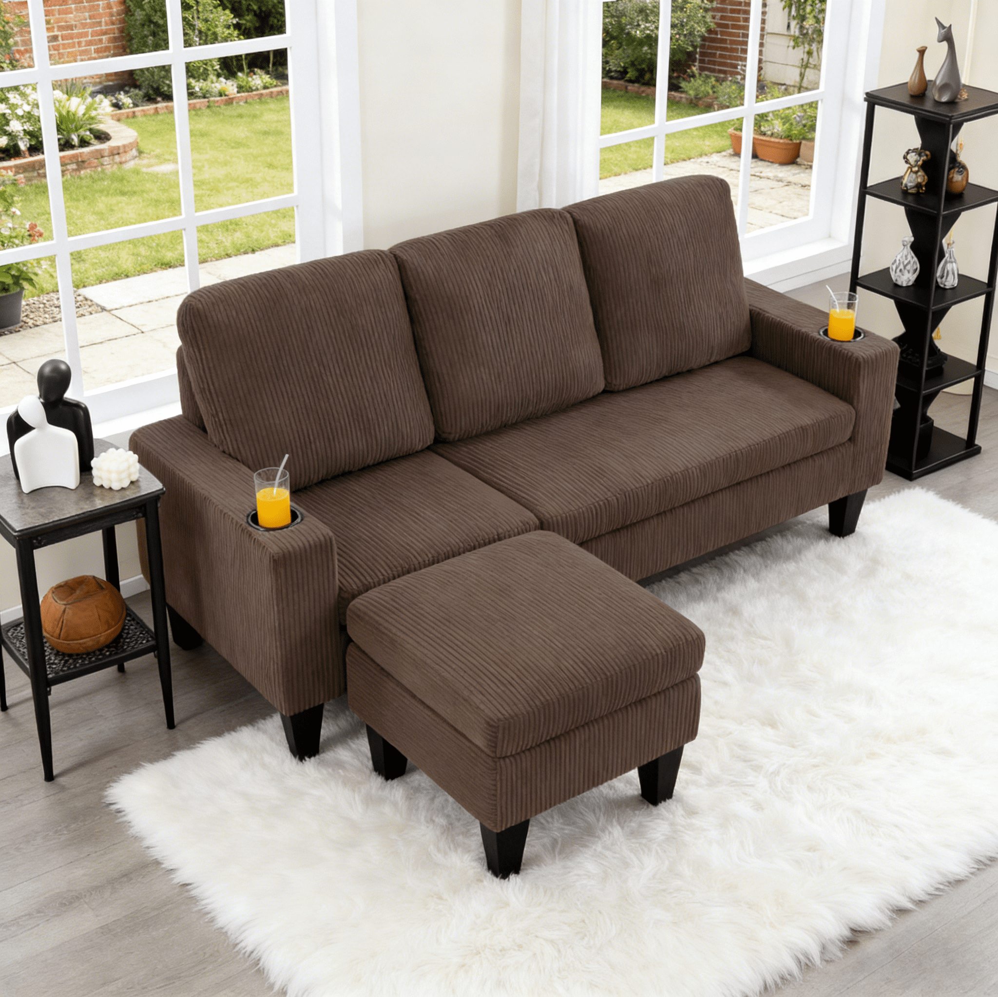 Gewnee Camel 69.88” L-Shaped Sectional Sofa, Corduroy Ottoman & Built-in Cup Holders for Bedroom/Living Room