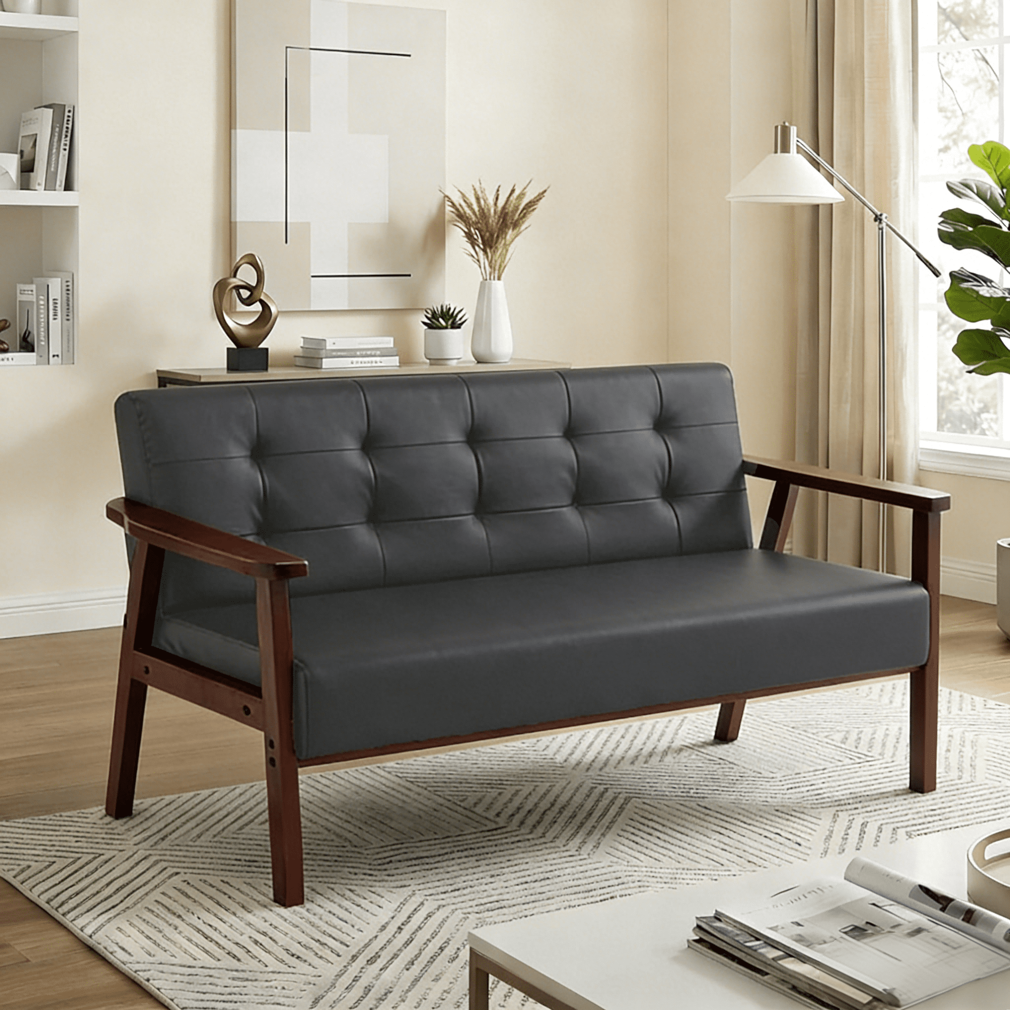 Gewnee Cedar Wood Loveseat, Black PU, Tufted Back, 300LBS Capacity, Non-Slip Pads, for Living Room & Office