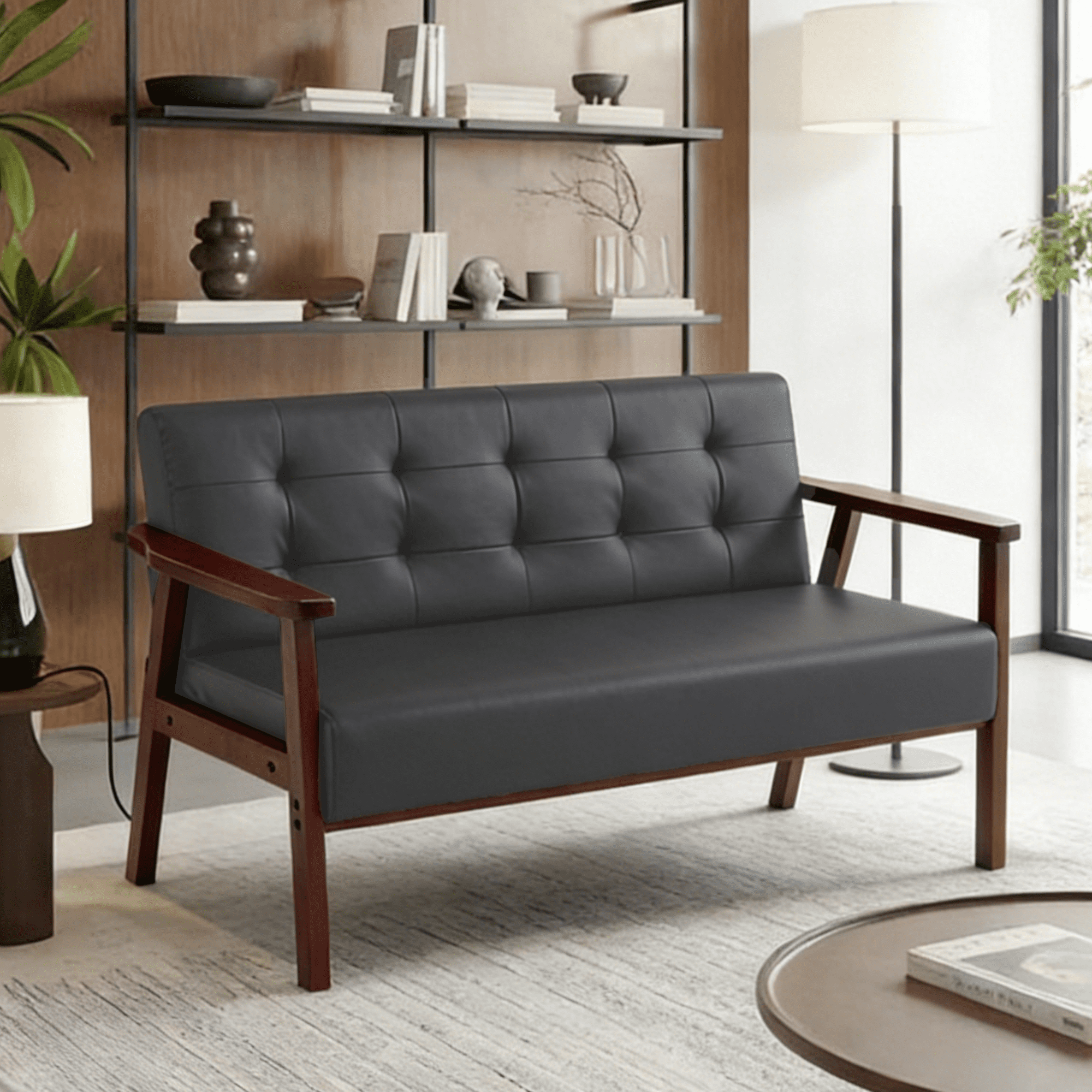 Gewnee Cedar Wood Loveseat, Black PU Upholstery, Tufted Back, 300LBS per Seat, Non-Slip Pads, for Living Room, Home Office, Den