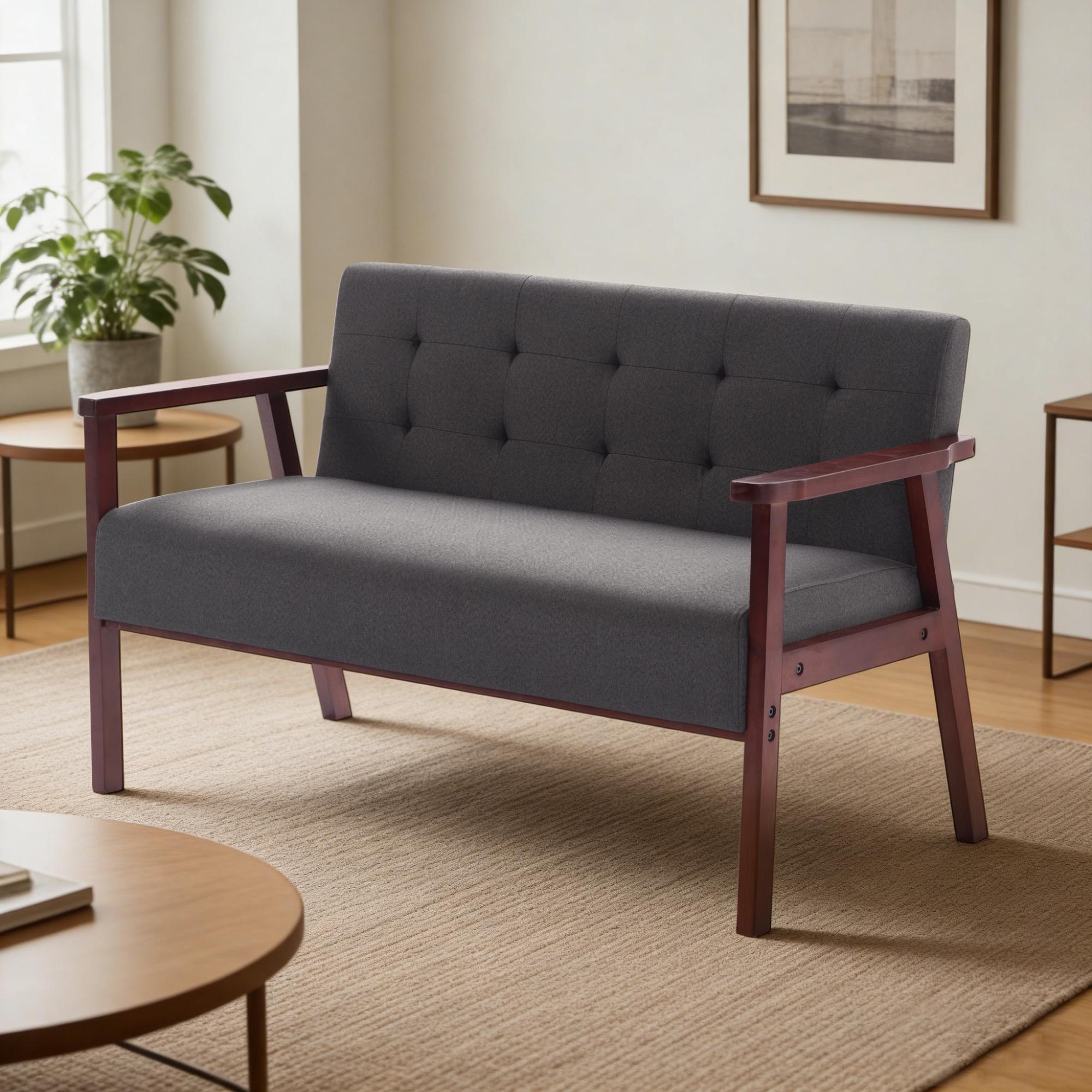 Gewnee Cedar Wood Loveseat, Dark Grey Linen Upholstery, Tufted Back, 300LBS per Seat, Non-Slip Pads, for Living Room, Home Office, Den
