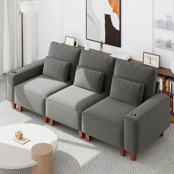 Gewnee Chenille 3 Seater Sofa with Wide Armrests,Cup Holders and Pillows,Comfortable WideSeat Sofa for Living Room or Apartment.Dark Grey