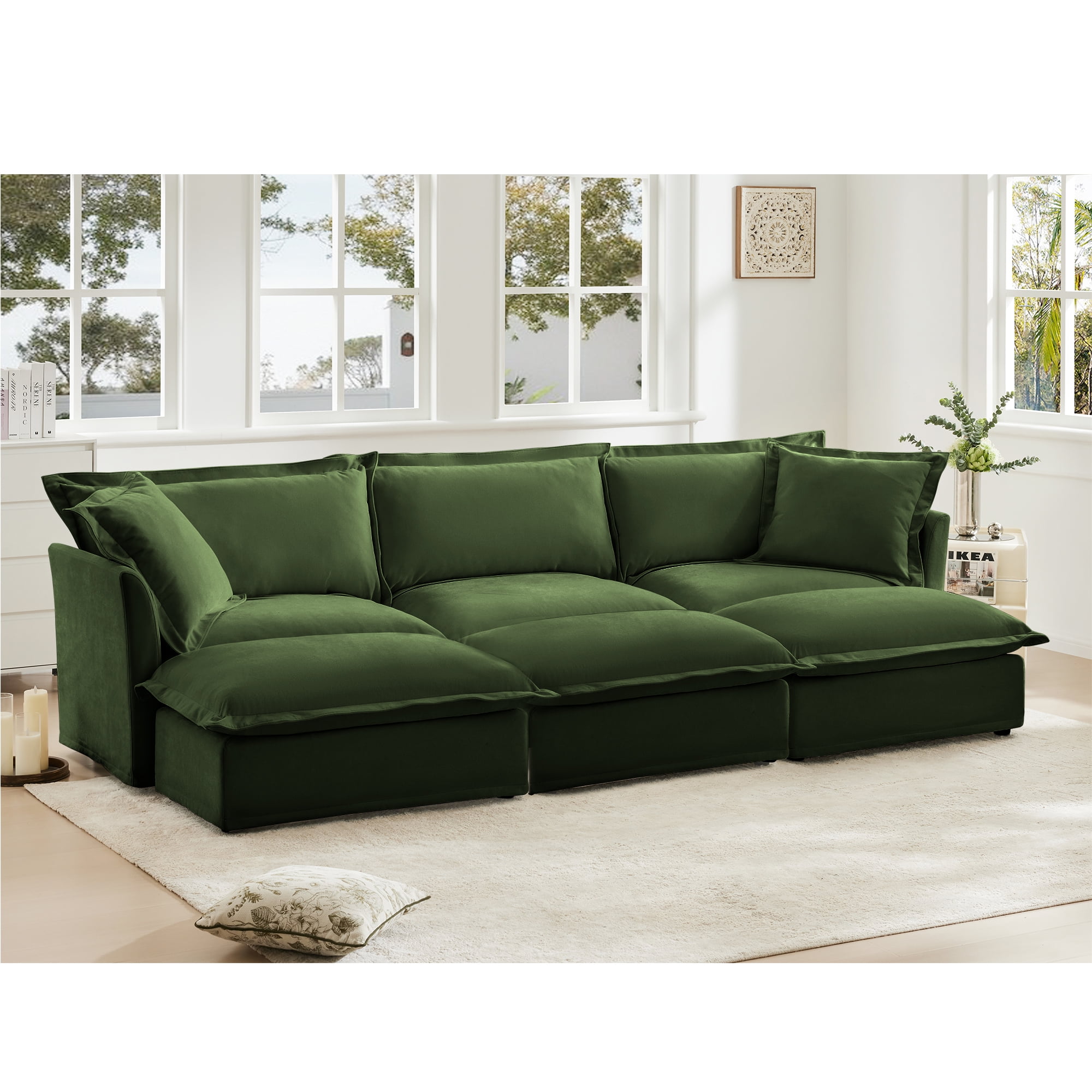 Gewnee Chenille Cream Deep Seat Oversized 3-Seat Sofa Couch With 3 Ottomans, Sleeper Sofa Bed Home Theater Sofa For Living Room