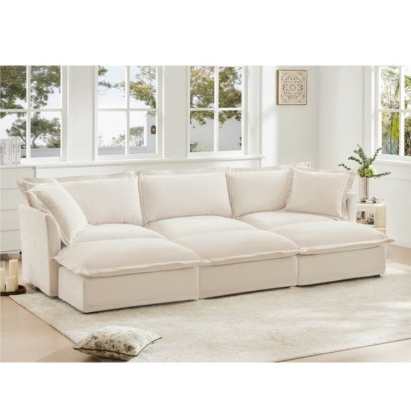 Gewnee Chenille Cream Deep Seat Oversized 3-Seat Sofa Couch With 3 Ottomans, Sleeper Sofa Bed Home Theater Sofa For Living Room