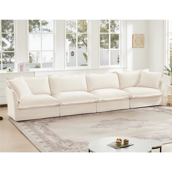 Gewnee Chenille Cream Deep Seat Oversized Slipcovered Long 4 Seater Sofa with Removable Cover, Comfy Sofa for Living Room