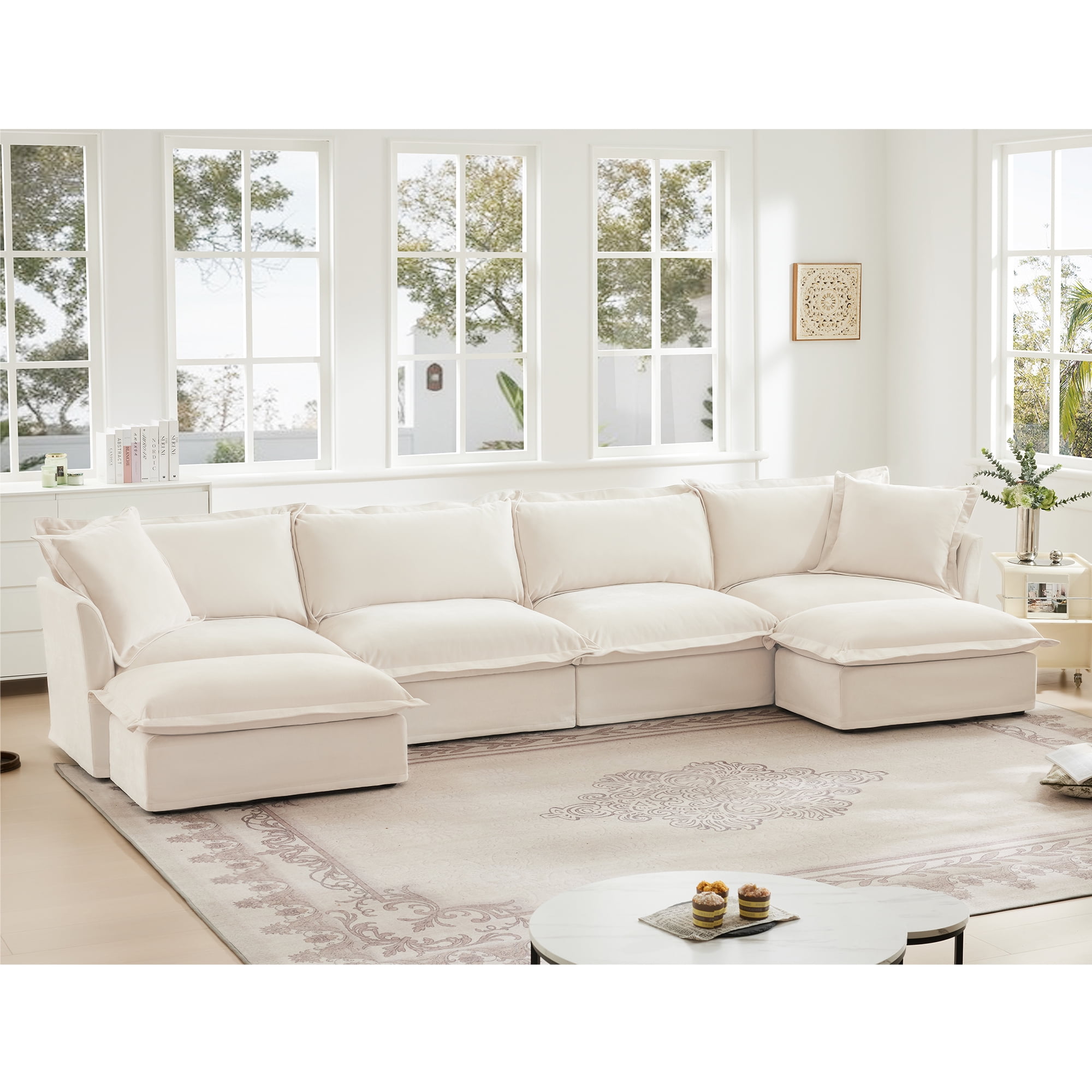 Gewnee Chenille Cream Deep Seat Oversized U Shape 4 Seater Sectional Sofa Couch, Comfy Cloud Couch for Living Room,