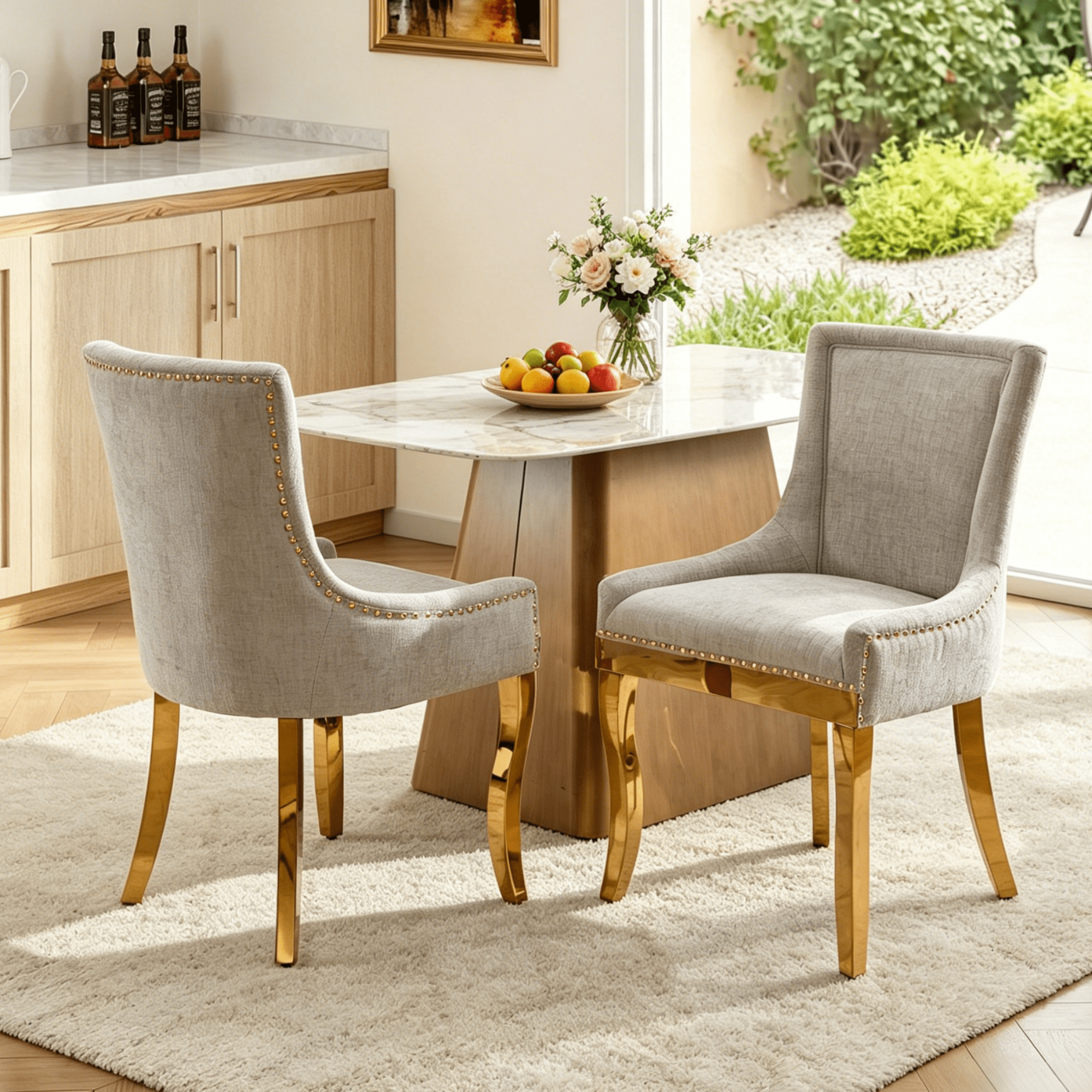 Gewnee Chenille Dining Chairs Set of 2,Modern Upholstered Chairs with Curved Gold-Plated Legs & Rivet Trim,Accent Chairs for Dining Room or Lounge.Beige