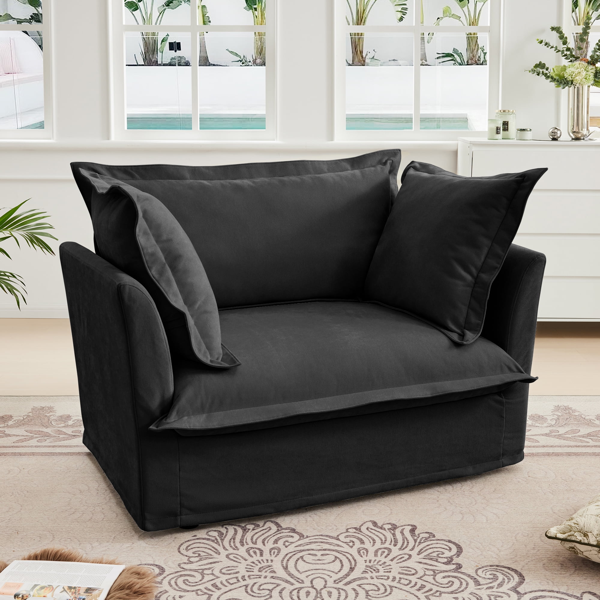 Gewnee Chenille Fabric Black Deep Seat Singel Accent Chair Sofa Couch for Living Room, Reading Room, Bedroom and Working Spaces