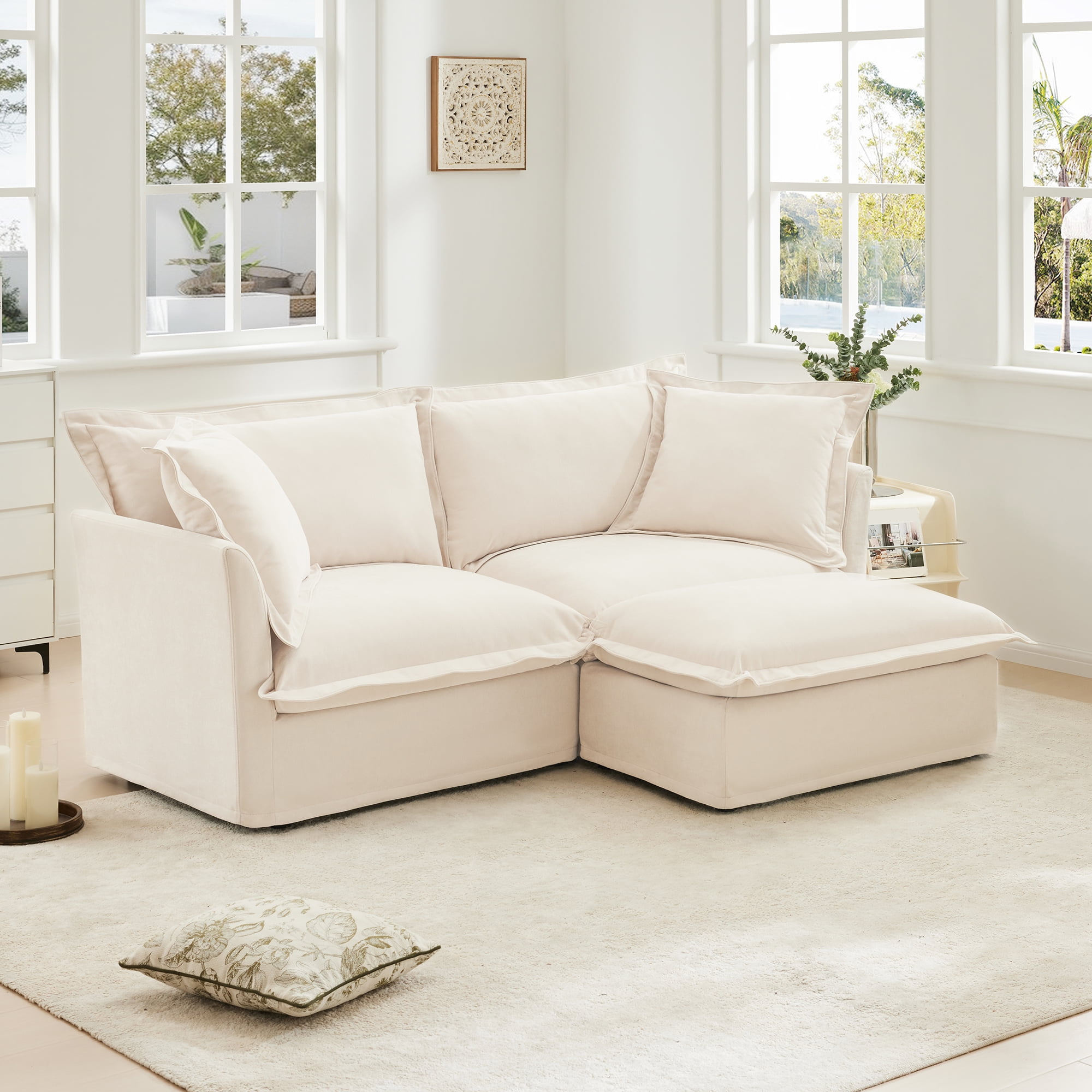 Gewnee Chenille Fabric Cream Sectional 2 Seater Sofa Couch with Convertible Ottoman, Wide and Deep Seat L Shaped Sofa For Living