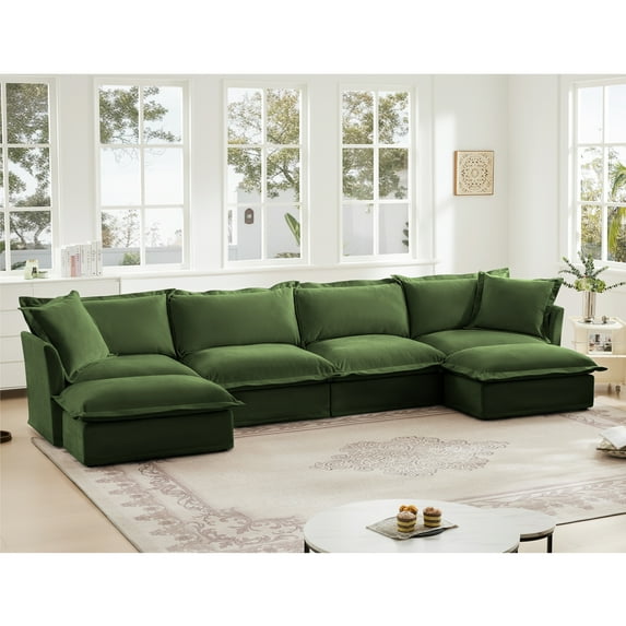 Gewnee Chenille Green Deep Seat Oversized U Shape 4 Seater Sectional Sofa Couch, Comfy Cloud Couch for Living Room,