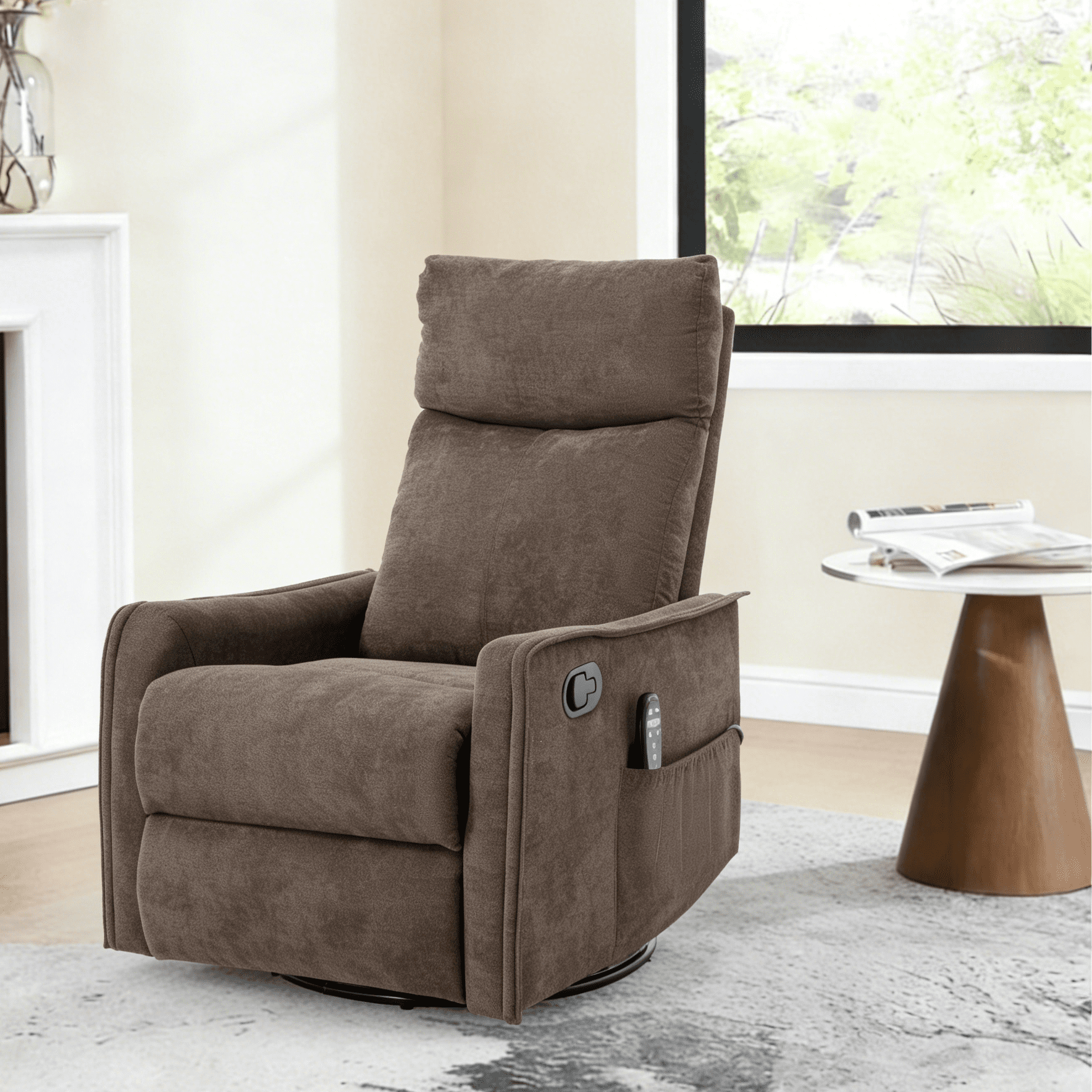Gewnee Chenille Multifunctional Swivel Rocking Chair, 360° Swivel, Massage & Heating, for Living Room, Office and Home Theater,Brown