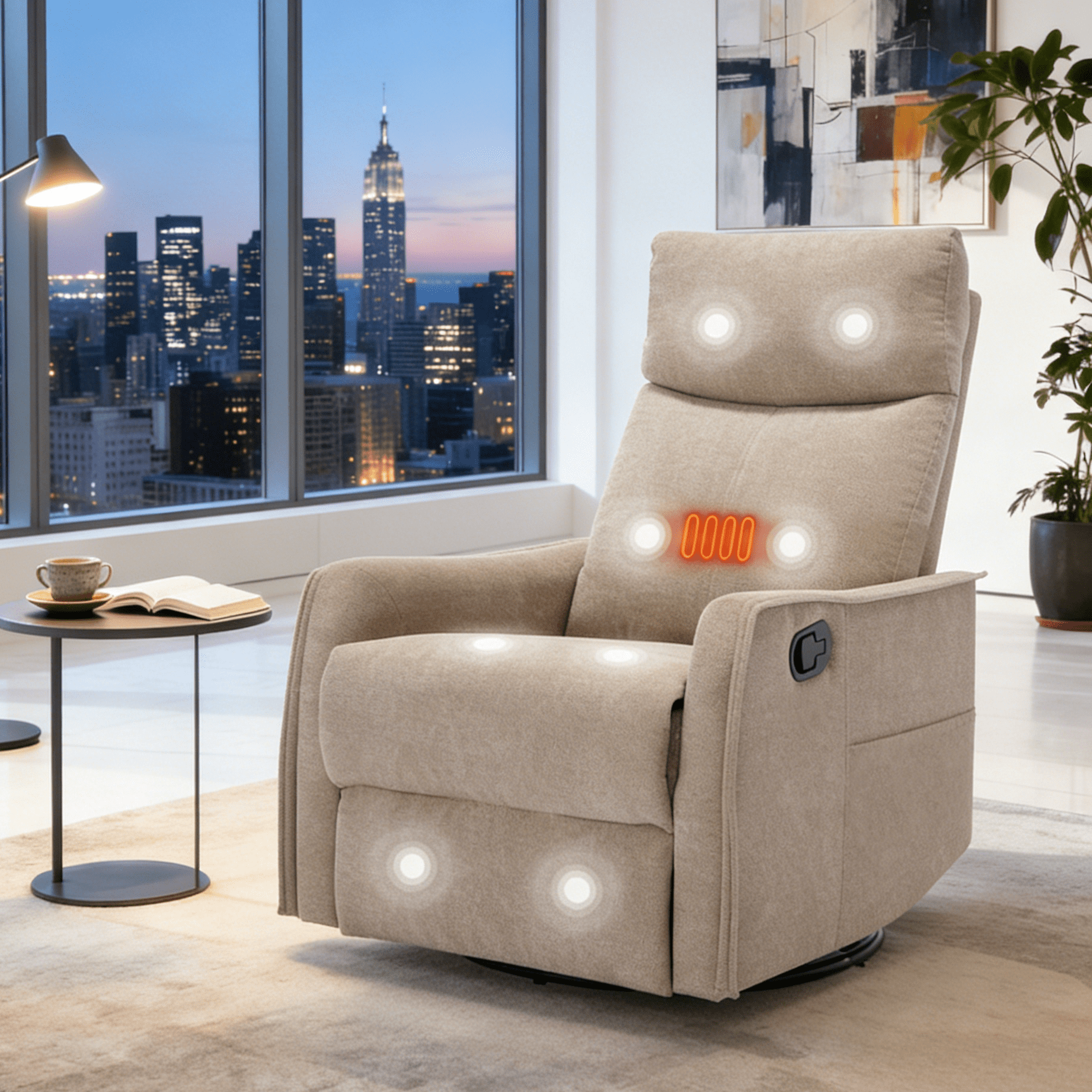 Gewnee Chenille Multifunctional Swivel Rocking Chair, 360° Swivel, Massage & Heating, for Living Room, Office and Home Theater,khaki