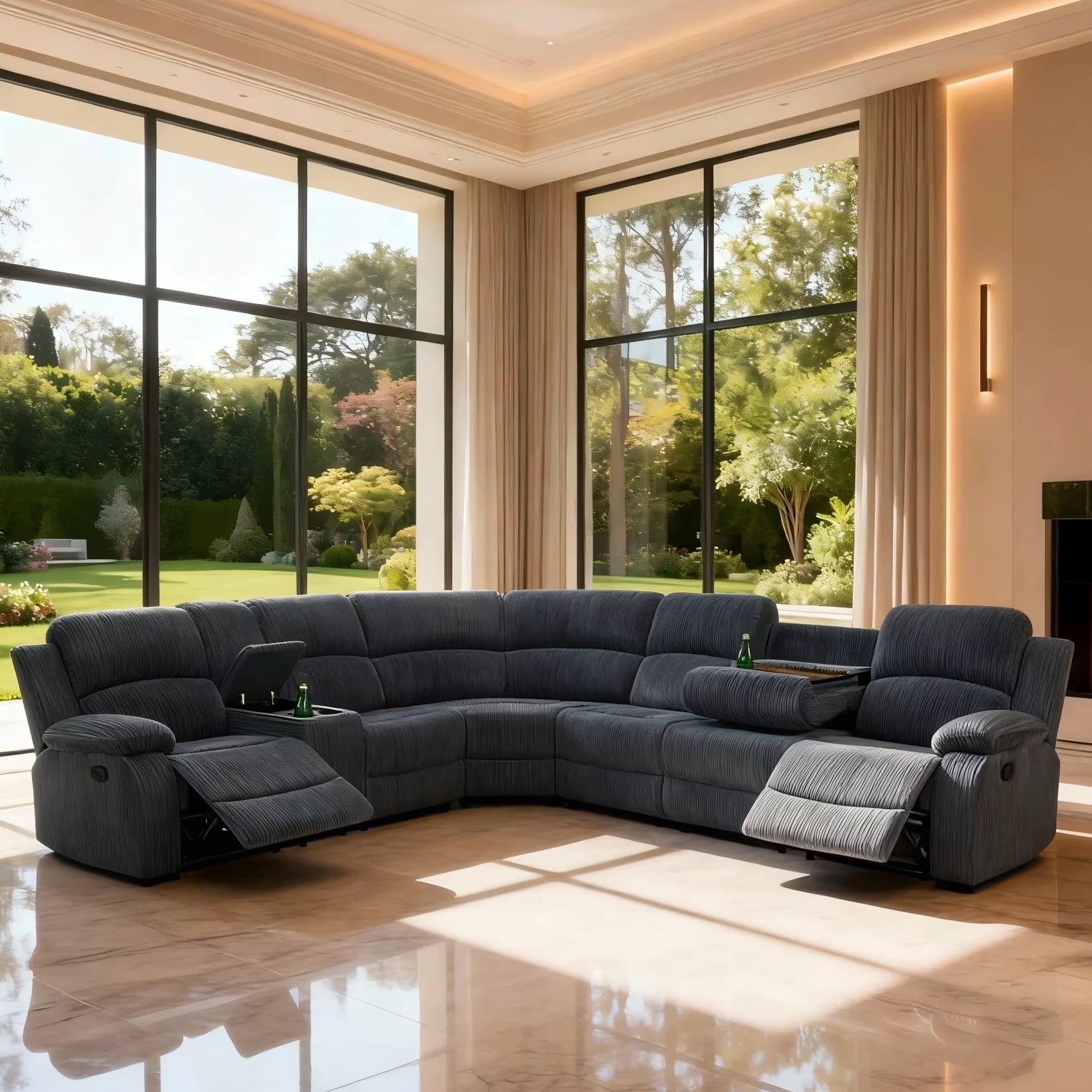 Gewnee Chenille Manual Reclining Sectional Sofa with Cup Holders ,Oversize Reclining Couch for Living Room