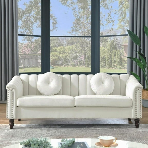 Gewnee Chesterfield Velvet Sofa Couch with Nailhead Trim and 2 Pillows for Living Room,Beige
