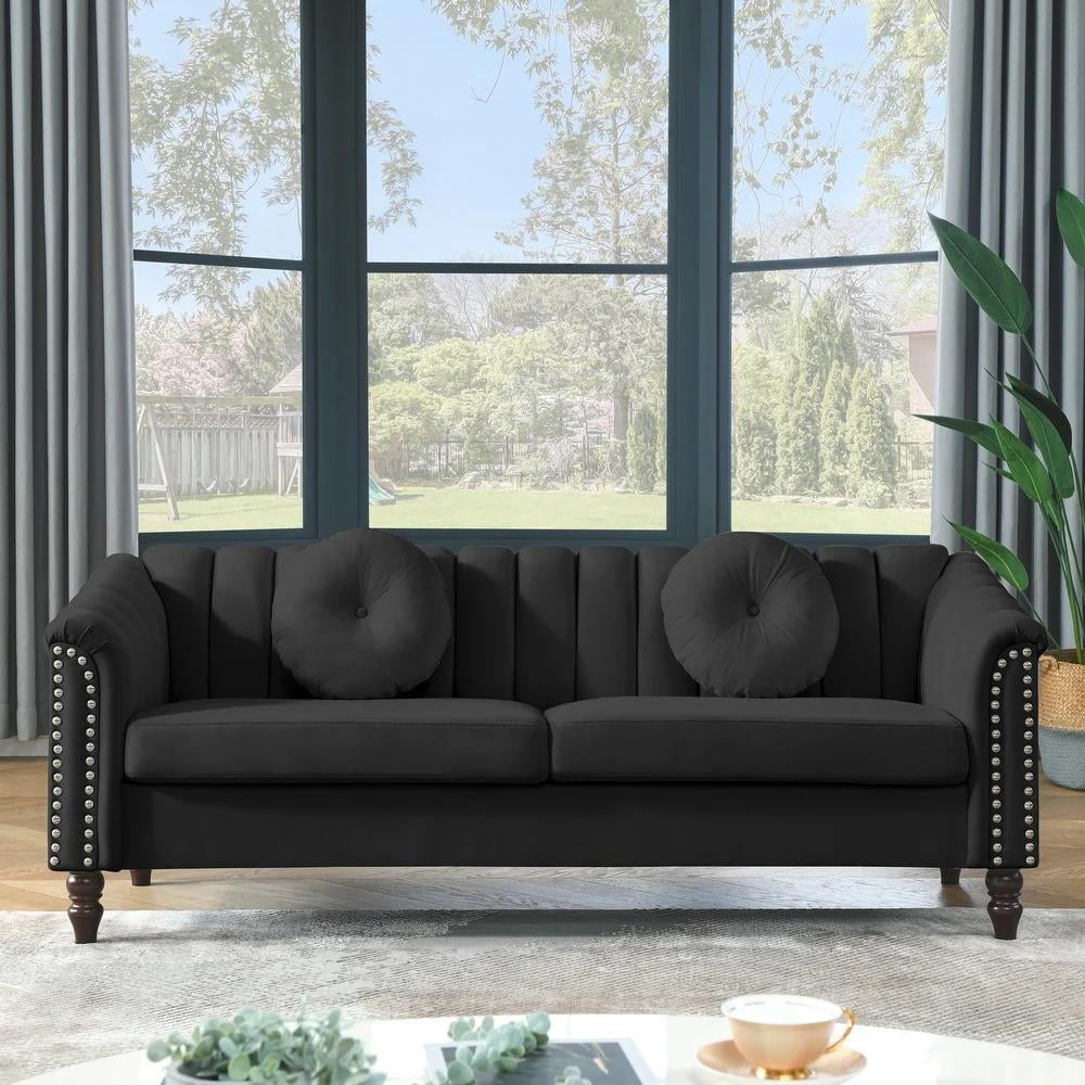 Gewnee Chesterfield Velvet Sofa Couch with Nailhead Trim and 2 Pillows for Living Room,Black
