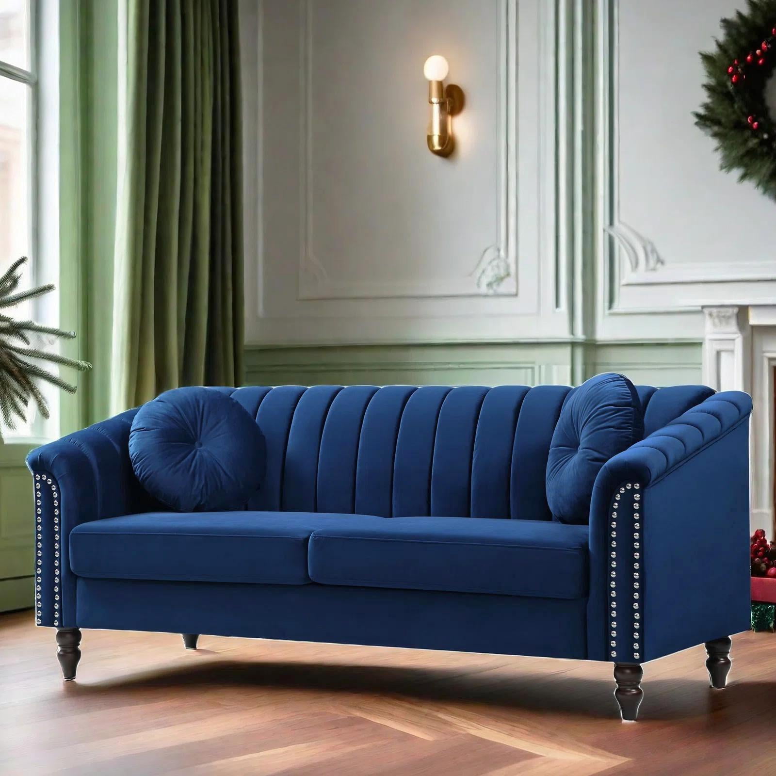 Gewnee Chesterfield Velvet Sofa Couch with Nailhead Trim and 2 Pillows for Living Room,Blue