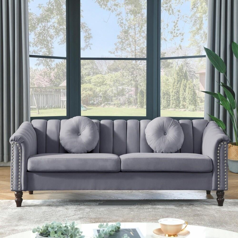 Gewnee Chesterfield Velvet Sofa Couch with Nailhead Trim and 2 Pillows for Living Room,Gray