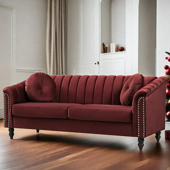 Gewnee Chesterfield Velvet Sofa Couch with Nailhead Trim and 2 Pillows for Living Room,Red
