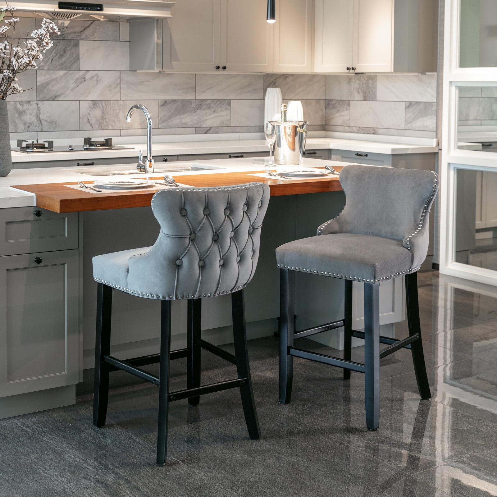 Gewnee Contemporary Gray Velvet Upholstered Wing-Back Barstools with Button Tufted Decoration and Wooden Legs，Recommended for Use in The Living Room and Dining Room.