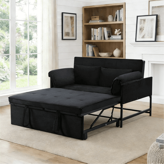 Gewnee 46" Velvet Convertible Sleeper Sofa Bed with Pull-Out Futon Couch for Small Spaces, Apartment & Living Room - Black