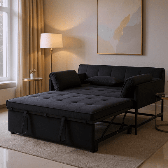 Gewnee 46" Convertible Sleeper Sofa Bed Velvet Pull-Out Futon Couch with Loveseat for Small Spaces, Apartment & Living Room (Black)