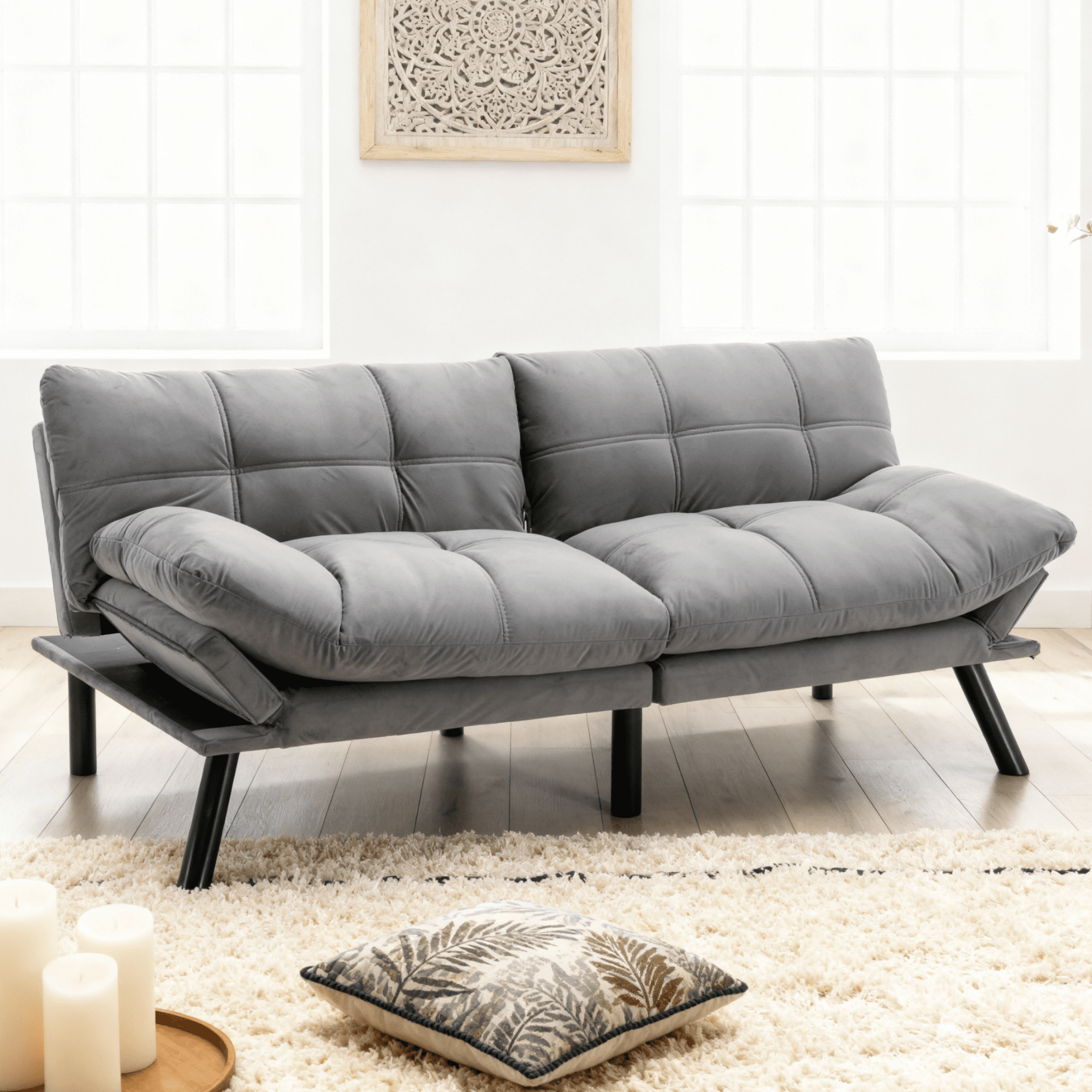 Gewnee Convertible Folding Modern sofa Bed,Upholstered Loveset,Adjustable Armrest and Backrest,Suitable for Living rooms and Apartments.Light Gray